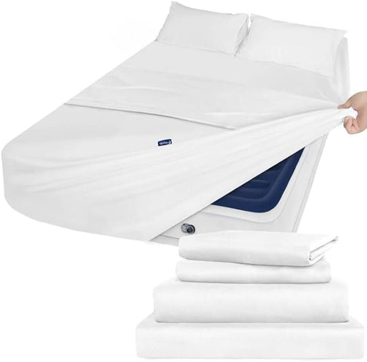 Extra Deep Pocket Air Mattress Twin Sheet Set White - 4 Piece Set Side Storage Pocket Fitted Sheet & Pillowcase & Flat Sheet - 16in to 24in Pillow Top Fits for Kids Air Bed Mattress