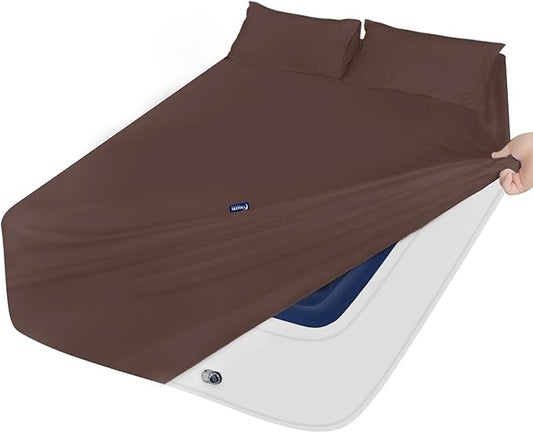 King Size Sheets Set for Air Mattress - Deep Pocket King Sheet Set - 3Pcs Side Storage Pocket Fitted Sheet & Pillowcases Easily Fits 16in to 24in Pillow Top Air Bed Mattress - Brown