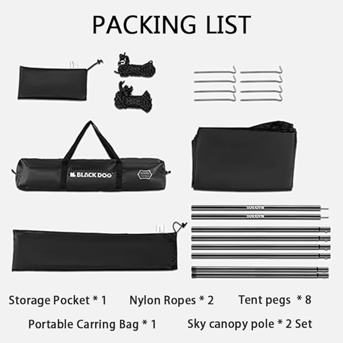 Blackdog Camping Tarp with Poles, 18x9.5 Ft Large Waterproof Camping Tent Canopy, 6-10 Person PU3000mm Shade Awning for Car Camp, Hammock Rain Fly, Outdoor, Picnic Backpacking