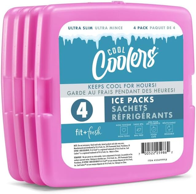 Cool Coolers by Fit + Fresh, Reusable & Long-Lasting Slim Ice Packs, Cold Packs for Lunch Boxes, Ice Packs for Lunch Bags, Purple 8 Pack