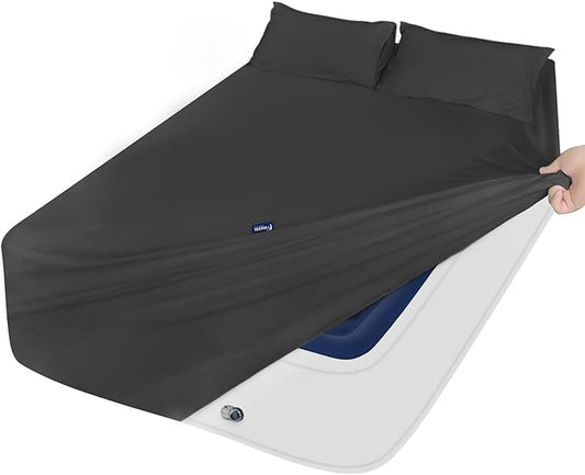 Deep Pocket Twin Sheets Set for Kids Air Mattress - Extra Deep Pocket Twin Sheet Sets - 3Pcs Side Storage Pocket Fitted Sheet & Pillowcases Easily Fits 16in to 24in Pillow Top Bed Mattress (Black)