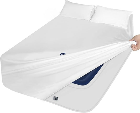 Extra Deep Pocket Air Mattress King Sheet Set - 3Pcs Side Storage Pocket Fitted Sheet & Pillowcase King Size Deep Pocket Sheet Set Easily Fits 16in to 24in Pillow Top Air Bed Mattress-White