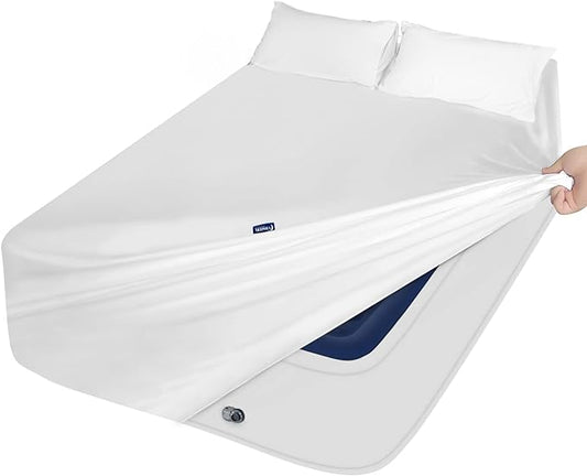 Full Size Air Mattress Sheet Set - 3 Pieces Extra Deep Pocket Full Sheet Set 16 to 24 inch - Sheets with Pocket on Side - Easily Fits Extra Deep Pillow Top Air Mattress-White