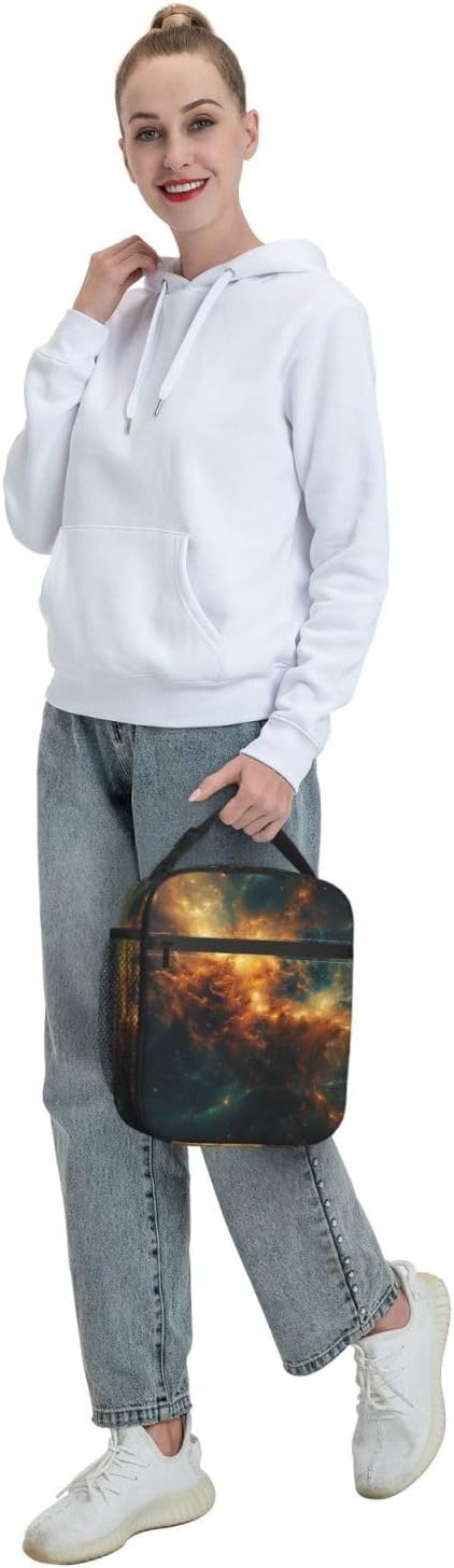 Galaxy Lunch Box for Kids Aldults, Cosmic Space Reusable Thermal Insulation Cooler Tote Bags, Golden Nebula Star Field Pattern Insulated Bag for Student, School Picnic Camping Travel, Gifts