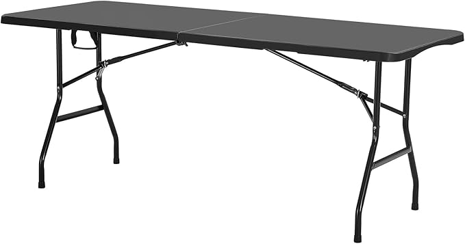 VEVOR Folding Table, 6 Ft Heavy Duty Portable Fold-in-Half Utility Table, Indoor Outdoor Plastic Rectangle Table with Built in Handle, for Party, Dining, Wedding, Events, Picnic, Camping, Black