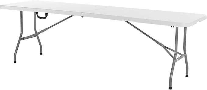 VEVOR Folding Table, 8 Ft Heavy Duty Portable Fold-in-Half Utility Table, Indoor Outdoor Plastic Rectangle Table with Built in Handle, for Party, Dining, Wedding, Events, Picnic, Camping, White