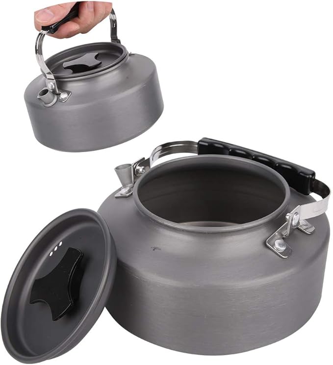 Topyond Camping Tea Kettle Teapot Outdoor Camping Kettle 1.1L,Portable Coffee Pot Teapot Picnic Set Wood Stove Steamer for Hiking (grey)