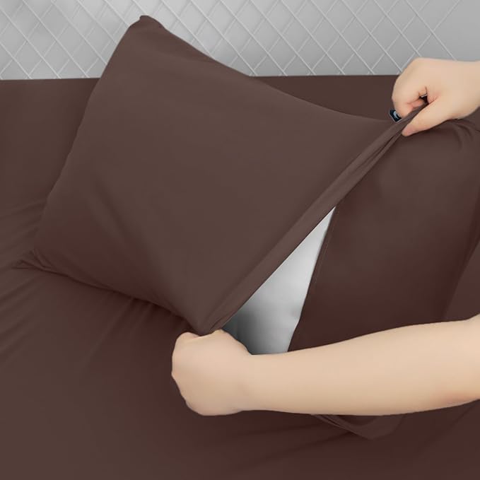California King Sheet Sets for Air Mattress - Extra Deep Pocket Cal King Sheet Set - 3Pcs Side Storage Pocket Fitted Sheet & Pillowcases Easily Fits 16in to 24in Pillow Top Air Bed Mattress - Brown