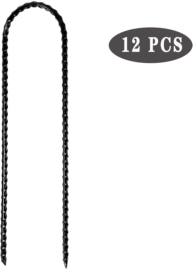 Nigh Coated Rebar Trampoline Wind Stakes Set of 12 Safety Ground Anchors Stakes Extra Heavy Duty Metal Landscape Staples 10 Inches Long (Black)