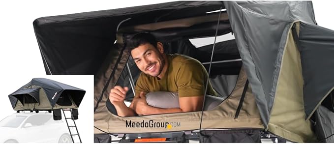 Meedo Apolle A86 M, Soft Shell Rooftop Tent, Fits 2 People, Made with Waterproof Material and a Rainfly-Fold Design, Clamshell Army Green Roof top Tent for Overlanding Hunting, Ladder Included