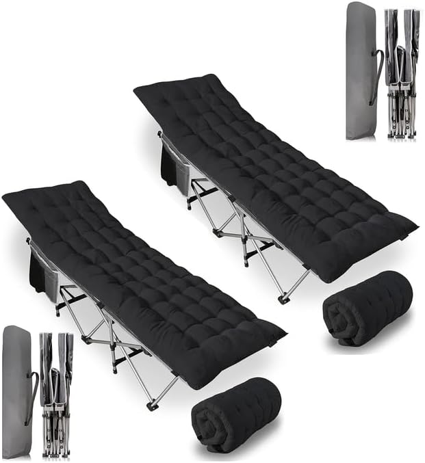 ZONETECH Folding Outdoor Camping Travel Cot and Cot Pad -Lightweight Portable Heavy Duty Adult & Kids Large Pocket and Cushion (Gray & Black, 2-Pack)
