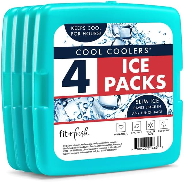 Cool Coolers by Fit + Fresh, Reusable & Long-Lasting Slim Ice Packs, Cold Packs for Lunch Boxes, Ice Packs for Lunch Bags, Green 8 Pack