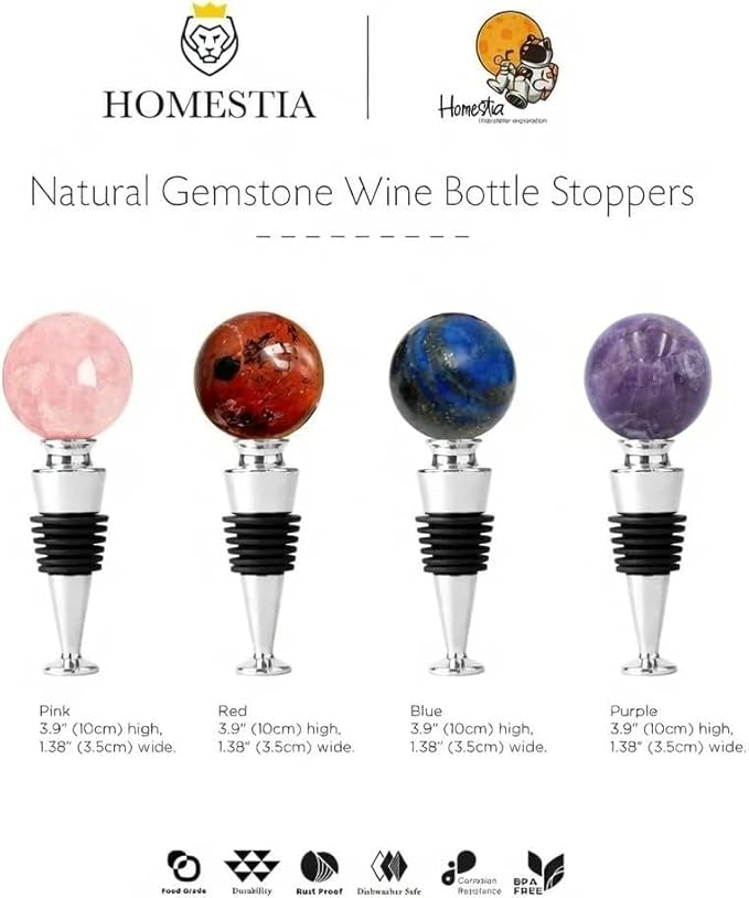 Homestia Gemstone Wine Stopper, Purple Natural Crystal Wine Bottle Stopper with Food-Grade Silicone Seal, Leak-Proof Reusable Wine Saver for Freshness, Wedding & Party Gift