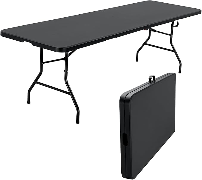SKOK 330lbs Folding Picnic Table 6 Foot, 6FT Black Plastic Picnic Table Portable with Carry Handle, White Tailgating Utility Commercial Craft Table with Heavy Duty Frame for Party & Events