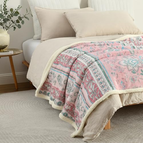 Boho Chic Sherpa Fleece Throw Blanket with Ultra-Soft Cozy Lining,Bohemian Patterned Throws for Sofa,Couch,Bed - color: Boho-pastel Pink, size: 60" x 80"