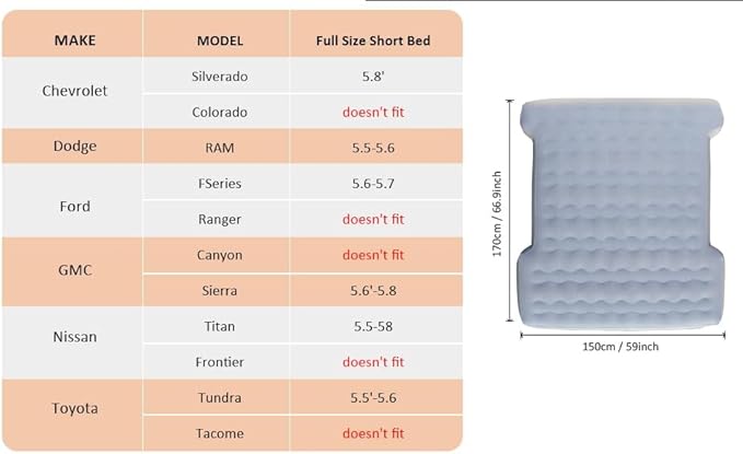 MIROZO Truck Air Mattress Inflatable Bed for 5.5-5.8ft Full Size Short Truck Beds,with Pump & Carry Bag for Outdoor Camping,Home,Tent(Grey)