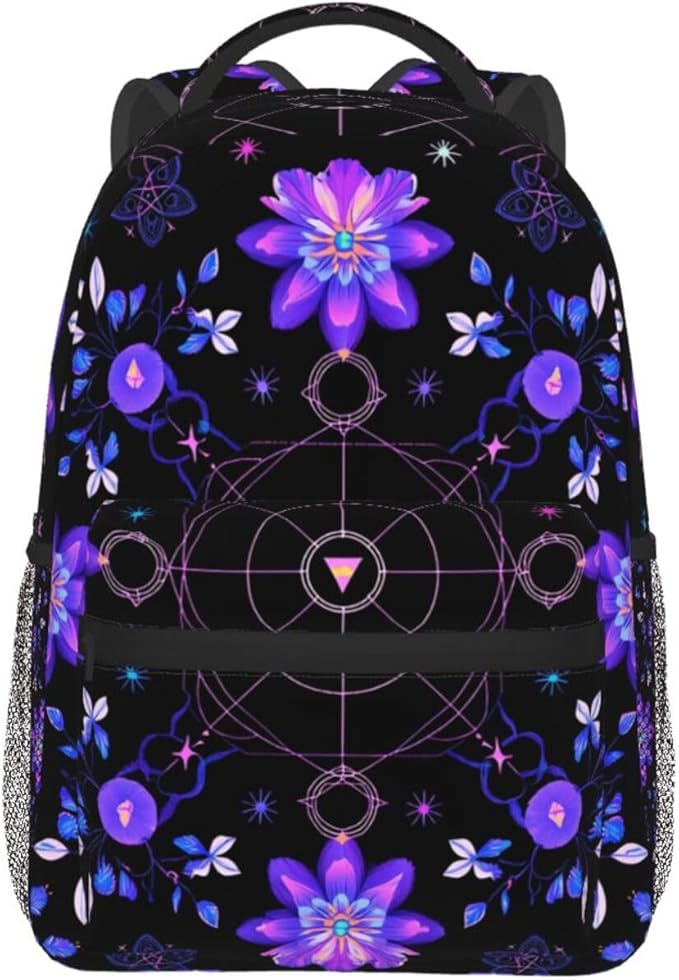 Adults Lightweight Magical Symbols And Flowers Art Rucksacks Large Capacity Bookbag With Adjustable Shoulder Straps for Trekking Outdoors Bicycle