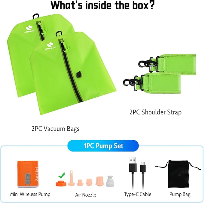 Zurligi Travel Vacuum Bags with Shoulder Strap & Mini Pump – IPX8 Waterproof Vacuum Seal Reusable 39L Carry-On Compression Bags for Clothes, Suitcase & Luggage(2-Pack, Green)