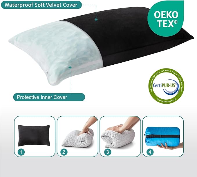 Small Shredded Gel Memory Foam Pillow,Adjustable for Contoured Support -Portable Ideal for Backpacking, Camping, Travel, Car, Airplane,Office Nap