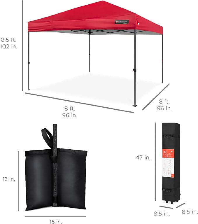Best Choice Products 8x8ft Pop Up Canopy Tent, Outdoor Shade, 1 Person 1 Minute Set Up, Carry Case, 4 Weight Bags - Red