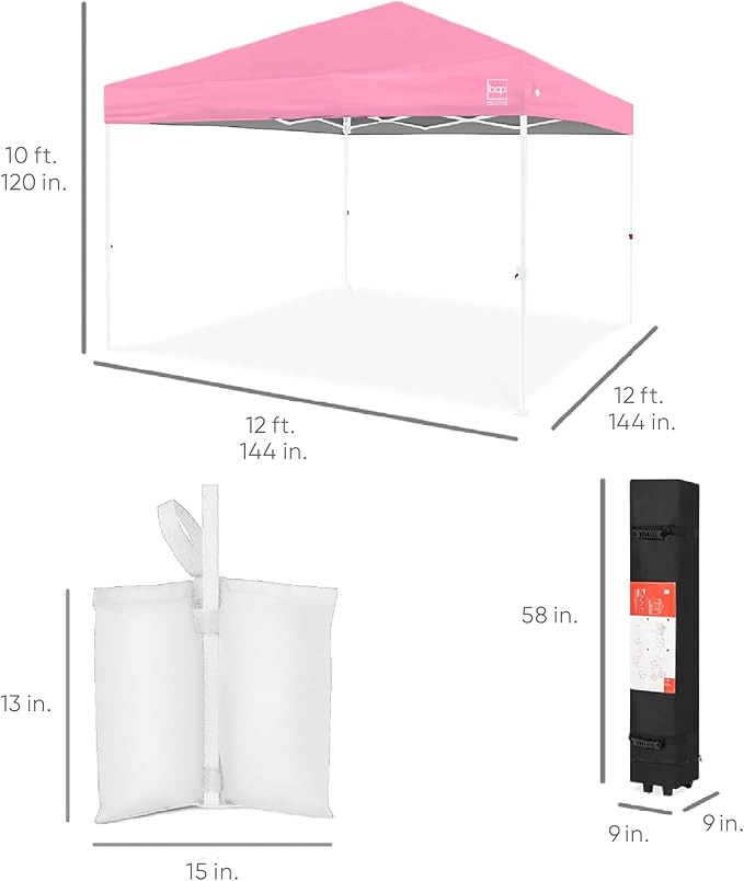 Best Choice Products 12x12ft Pop Up Canopy Tent, Outdoor Shade, 1 Person 1 Minute Set Up, Carry Case, 4 Weight Bags - Pink/White