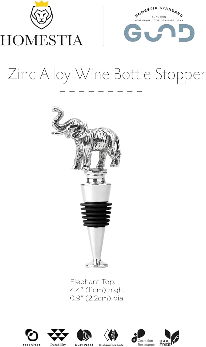 Homestia Wine Stoppers for Wine Bottles, Elephant Wine Beverage Bottle Stopper, Stainless Steel Reusable Wine Corks with Silicone Seal, Bottle Cover Leak proof Keep Fresh