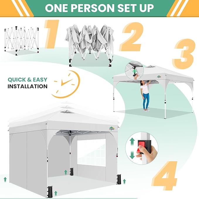 COBIZI 10x10 Pop up Canopy, Canopy Tent 10x10 with 3 Sidewalls, 1 Person Easy Set up, Tents for Parties, Outdoor Tent with Fluorescent Strip & 4 Sandbags, Waterproof, 3 Adjustable Height (White)