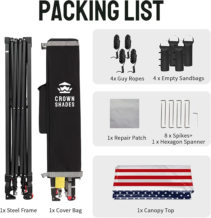 CROWN SHADES 10x10 Pop Up Canopy - Patented Center Lock One Push Instant Outdoor Canopy Beach Tent with STO-N-Go Bag 8 Stakes & 4 Sand Bags,American Flag