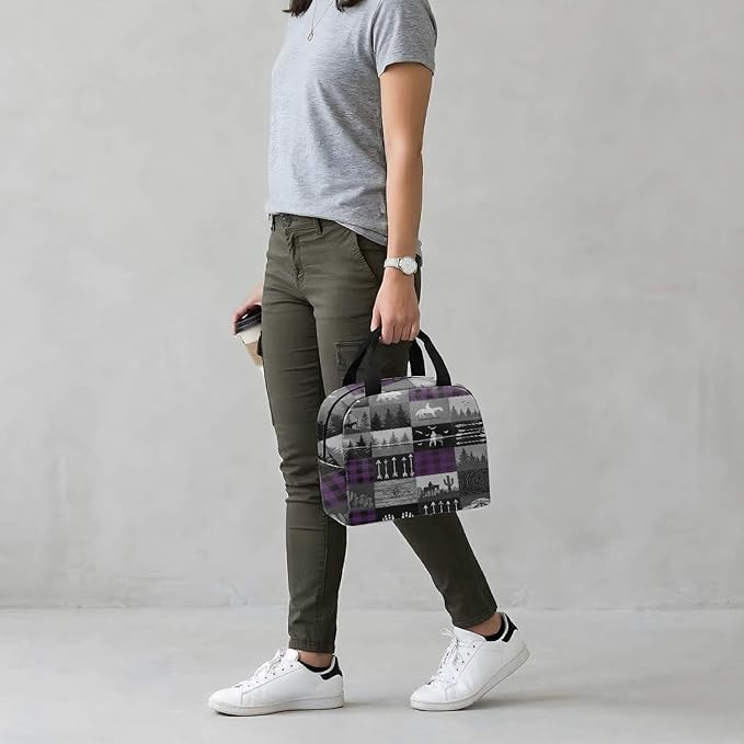 Western Retro Denim Insulated Lunch Bag Bear Deer Bird Nature Landscape Cactus Thermal Tote Portable Size (03)