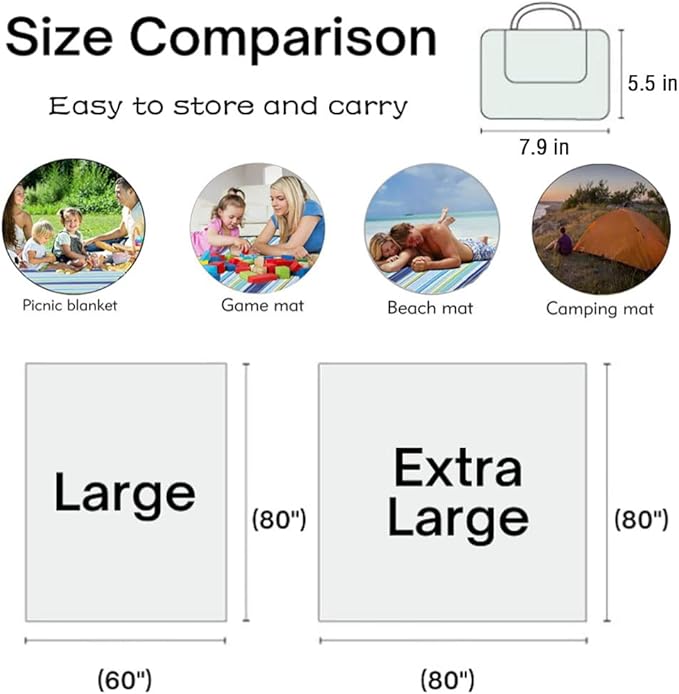 K Y KANGYUN Extra Large Picnic Blanket Outdoor Beach Blankets, Water-Resistant Foldable Sandproof Blankets Cute Picnic Mat for Beach, Camping Grass Lawn Park Mats (Blue, 80x60 in)