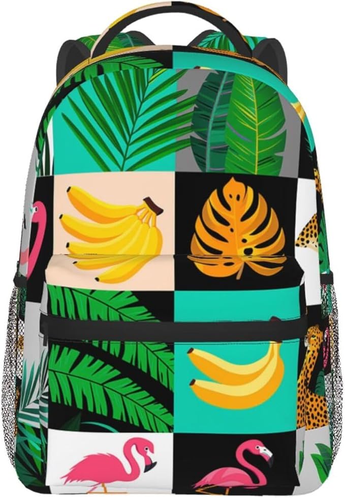 Daypack Backpack Anti-Theft Multipurpose Large Capacity Carry On Bag, Banana Palm Leaf Leopard Flamingo Stripe Traveling Camping Backpack With Side Pockets