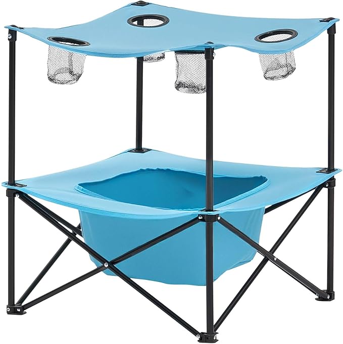 VEVOR Folding Camping Table, Portable Outdoor Lightweight Picnic Table, 600D Oxford Fabric Waterproof Canvas Travel Beach Tables, with 4 Cup Holders, Carry Bag, for Tailgating Camping Picnic, Blue
