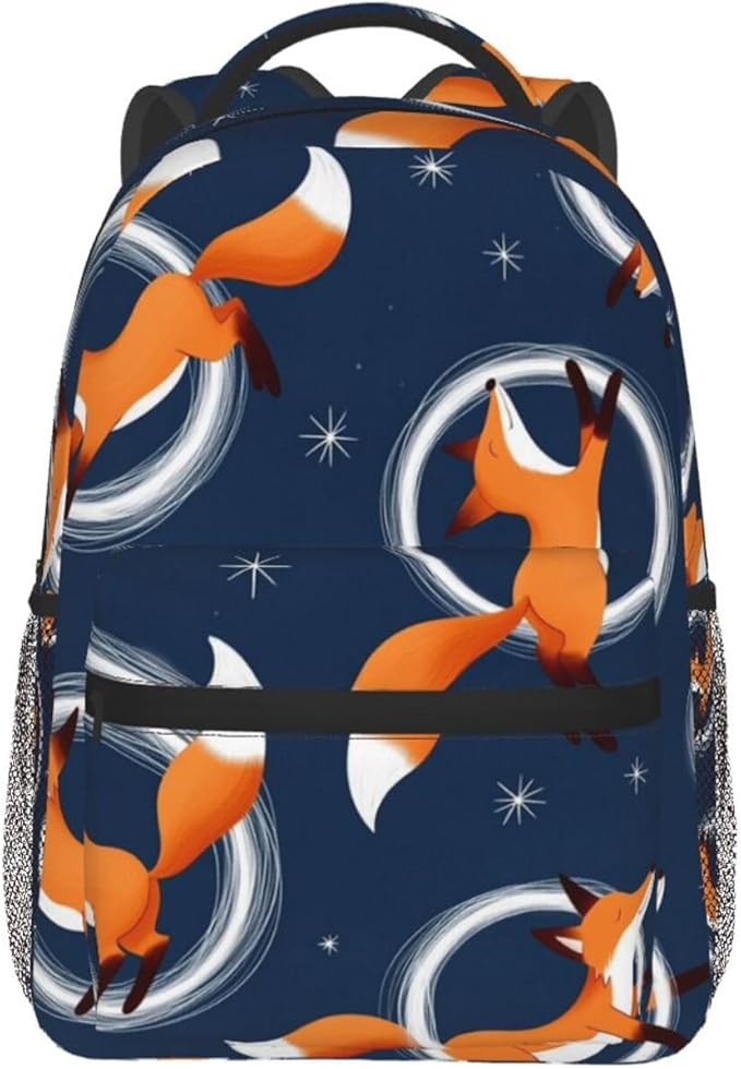 Polyester Daypack Backpack for Sports Travel Running, Big Capacity Anti-Theft Multipurpose Carry On Bag, Cute Little Foxes Pattern Laptop Book Bag Rucksack
