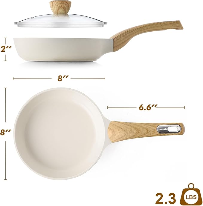 SENSARTE Ceramic Nonstick Frying Pan Skillet with Lid 8inch Non Stick Omelet Pans, Non-toxic Healthy Kitchen Cooking Chefs Pan, Free of Intentionally Added PFOA/PFAS/PTFE, Induction Compatible, White