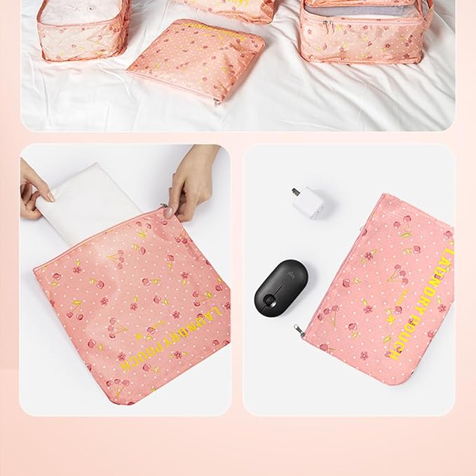 6 PCS Packing Cubes Multi-functional Clothing Sorting Packages Travel Carry On Luggage Organizers Storage Bags Travel Packing Pouches, Pink Cherry