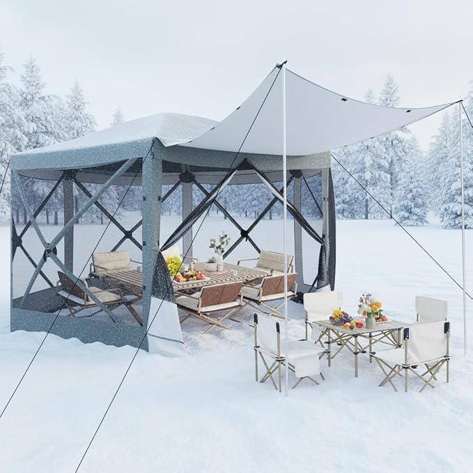 COBIZI 12x12FT Pop Up Gazebo Screen Tent Screen House for Camping, Camping Outdoor Screened Gazebo with Sidewalls, Portable Hub Tent Instant Screened Canopy with Carrying Bag and Ground Stakes, Gray