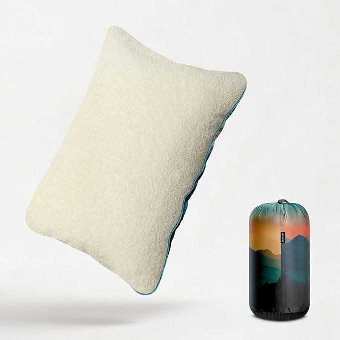 Camping Pillow, Sherpa Lining Travel Pillow Supportive Compressible Lightweight Camp Pillow with Storage Bag for Camping,Hiking,Backpacking,Airplane