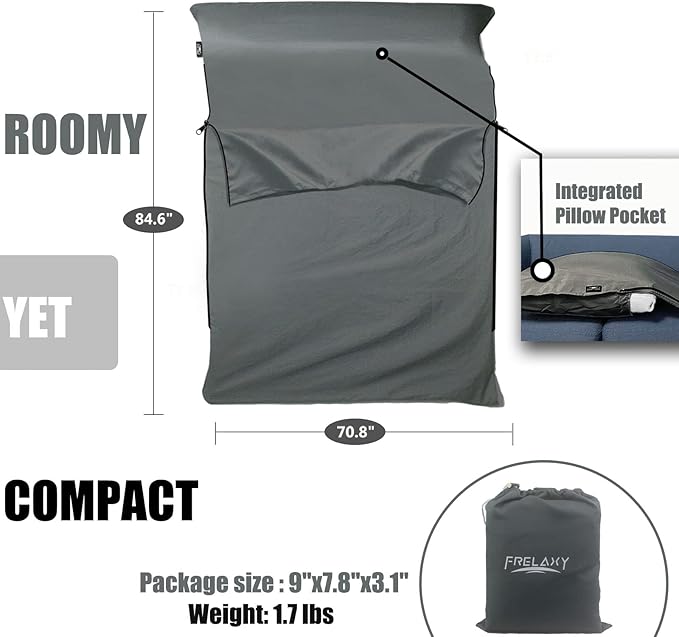 Frelaxy Sleeping Bag Liner, XL Travel Sheet & Camping Sheet for Backpacking, Hotel, Hostels & Traveling, Comfy & Easy Care, Full-Length Zipper/No Zipper, 4 Seasons Warm Cold Weather