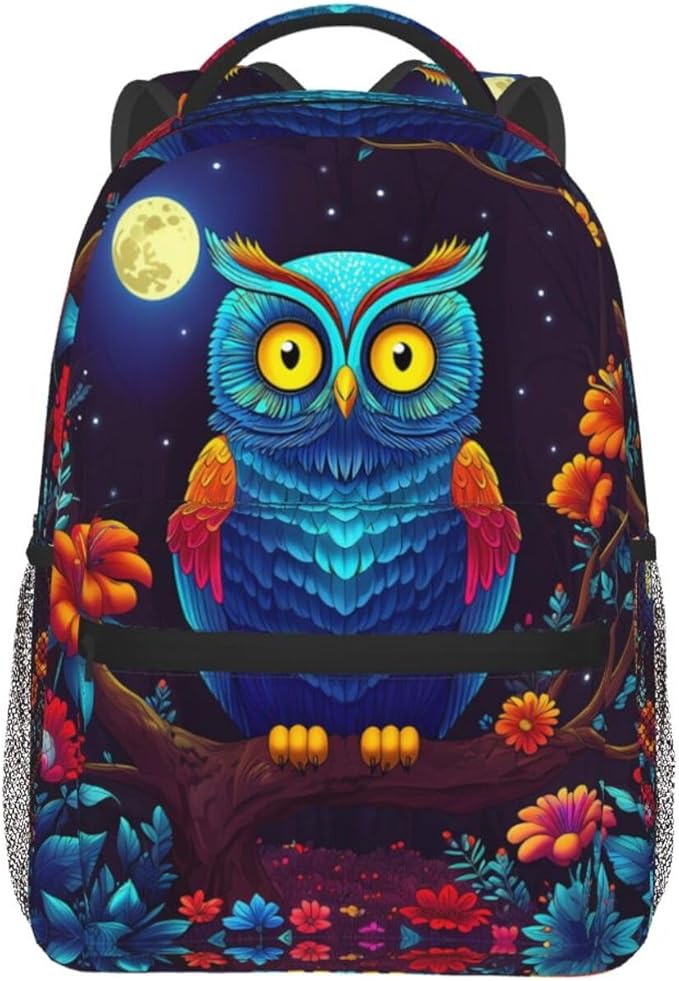 Polyester Daypack for Hiking Work Running, Big Capacity Anti-Theft Multipurpose Shoulder Bag, Trippy Owl Red Floral Moon Art Travel and Sport Backpack Rucksack