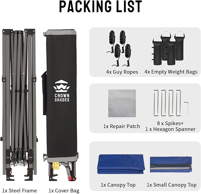 CROWN SHADES 10x10 Pop up Canopy Tent Patended Centerlock Instant Commercial Canopy with 150D Silver Coated Fabric Including 2 Extend Awnings, 4 Ropes, 8 Stakes, 4 Weight Bags, Navy Blue