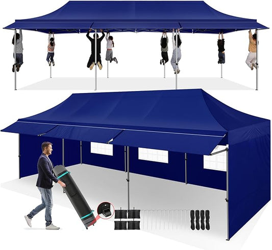 COBIZI 10x30 Pop Up Canopy Tent with Awning,Heavy Duty Canopy UPF 50+ All Season Wind Waterproof Commercial Outdoor Street Vendors Party Tents for Parties Canopy with Roller Bag(10 x 30 ft Dark Blue)