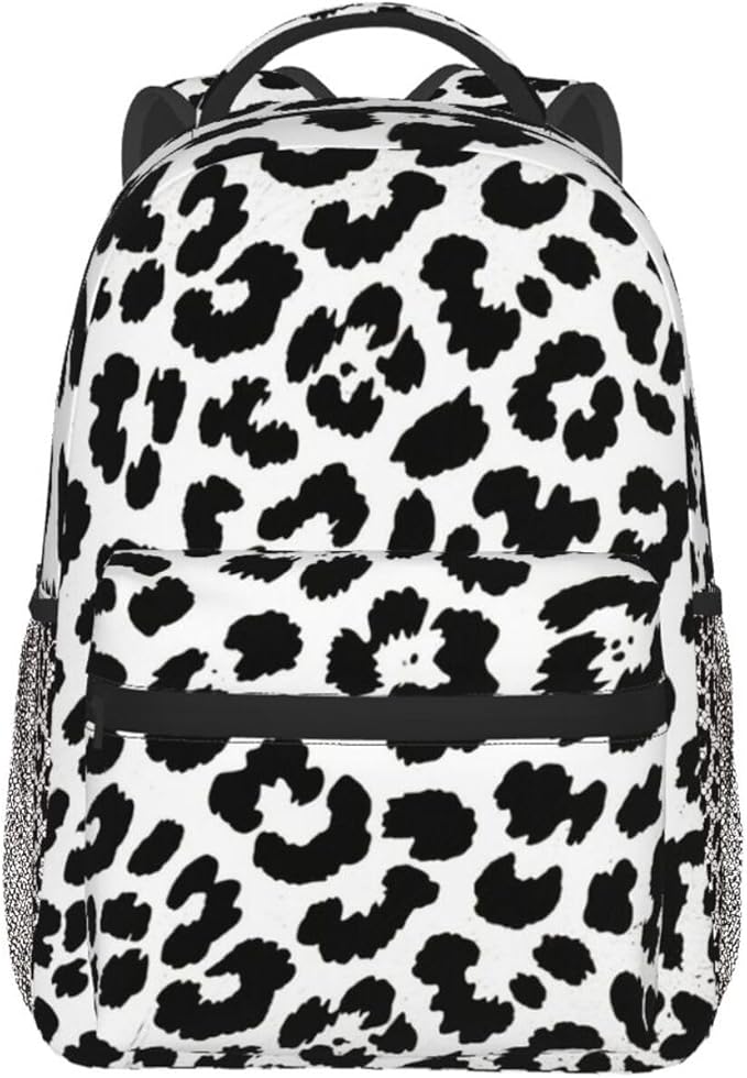 Men Women Polyester Leopard Cheetah Black White Daypack Big Capacity Shoulder Bag With Smooth Zippers for Hiking Work Walking Cycling