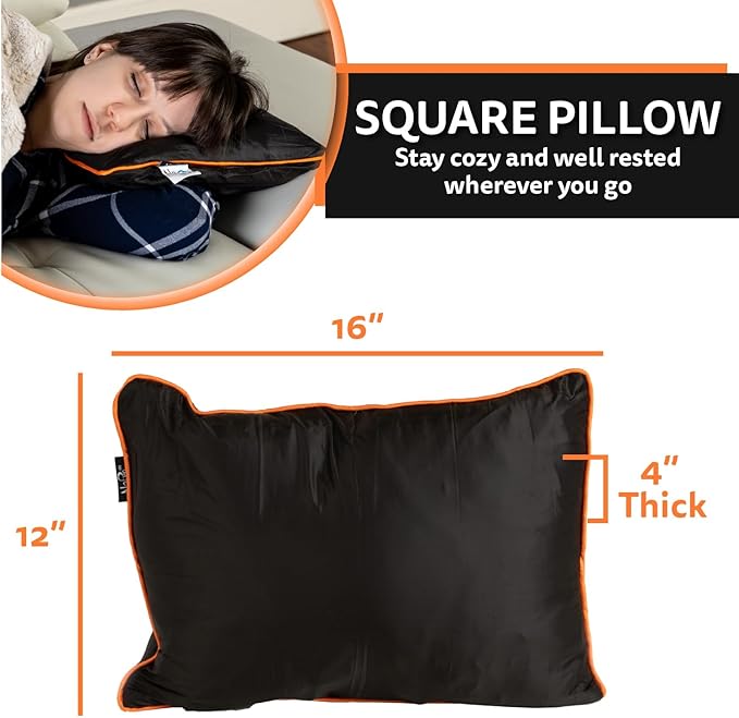 NAPRO Ripstop Outdoor Camping Pillow 3-in-1, Versatile Lightweight Nylon Waterproof Stadium Blanket, Ultralight Backpacking Essentials, Travel Set - Black and Orange