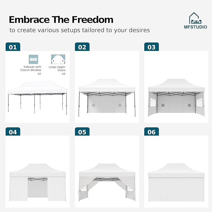 MFSTUDIO 10x15 Pop Up Canopy Tent, Outdoor Commercial Heavy Duty Party Tent with 4 Sidewalls, Easy Set-up Waterproof Canopy Tent for Party Event Wedding, Thickened Legs with 3 Heigh Adjustable, White