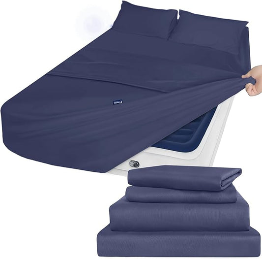Air Mattress Queen Sheet Set - Deep Pocket 4 Piece Queen Size Sheet Set - Breathable & Fade Resistant Easy Fits 16in to 24in Pillow Top Bed Mattress - Navy Blue