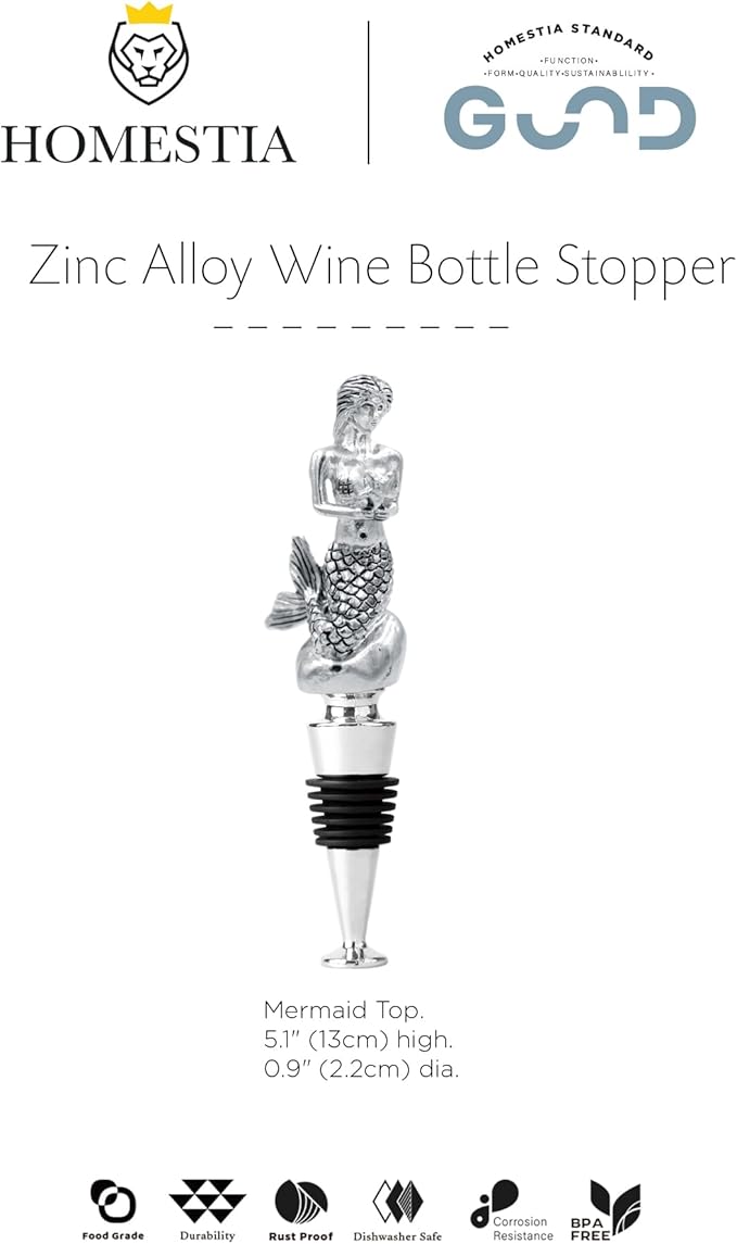 Homestia Mermaid Wine Stopper, Reusable Zinc Alloy Bottle Topper with Silicone Seal Leak-Proof, Handcrafted Decorative Wine Saver Gift for Wine Lovers