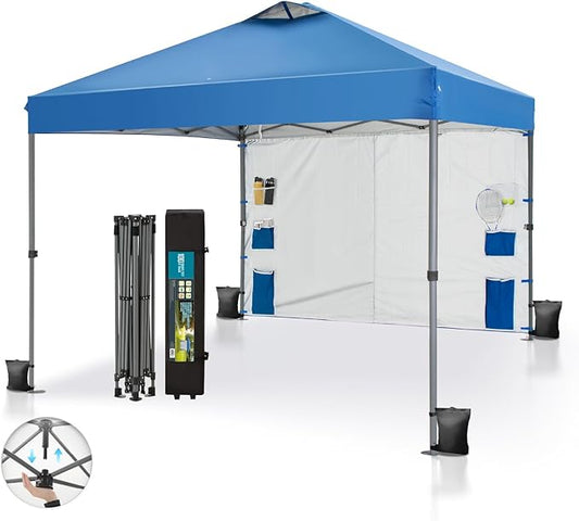 GREEN PARTY Pop Up Canopy Tent 10x10 with 1 Sidewall and 6 Pockets, One Push Set Up Ootdoor Instant Tent Canopy with Vented Roof, & Wheeled Carry Bag for Patio Camping Beach, Blue