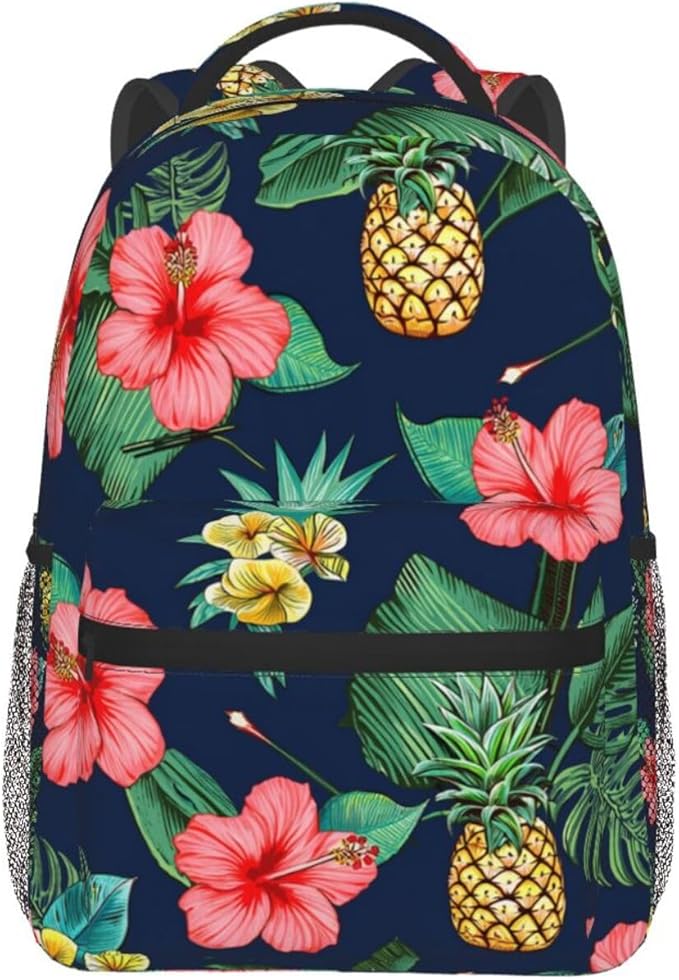 Daypack Polyester Anti-Theft Multipurpose Hawaiian Flower Party Pineapple Art Bookbag Big Capacity Gym Outdoor Hiking Backpack With Adjustable Shoulder Straps