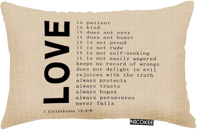 Throw Pillow Cover Love Quote 1 Corinthians 13 4-8 Decorative Pillow Case Home Decor 20x12 Inches Pillowcase