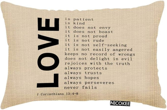 Throw Pillow Cover Love Quote 1 Corinthians 13 4-8 Decorative Pillow Case Home Decor 20x12 Inches Pillowcase